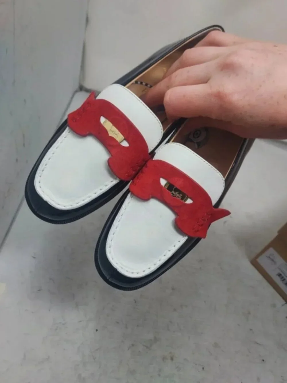 Christian Louboutin Boys Black White Red Penny Loafer